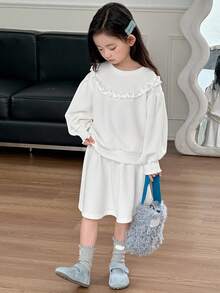 DAZY Young Girl Girls Cozy Knit Crew Neck Sweatshirt Set, Fall - White - View 5