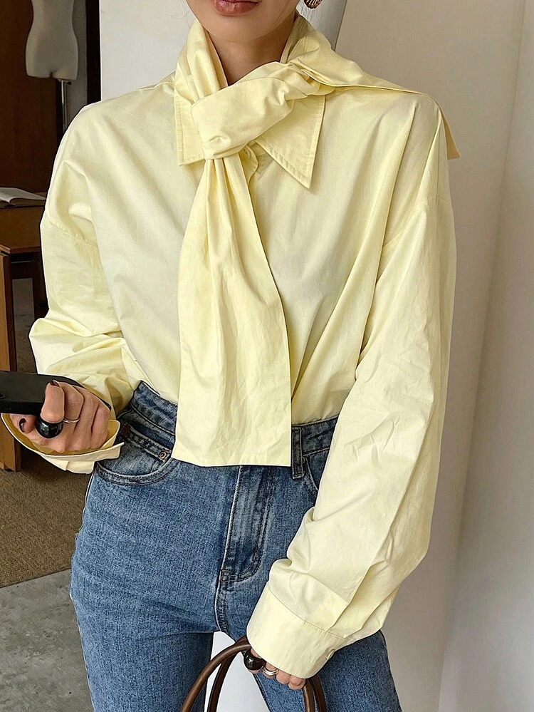 Loose Casual Business Commute Elegant Tie Neck Long Sleeve Women Shirt, Cream Yellow Solid Color, Suitable For Autumn & Spring