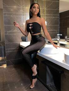 VaVaBold Pantalones pitillo de piel sintética con contraste de malla con lentejuelas y elástico en el bajo del tobillo - Negro - Ver 6