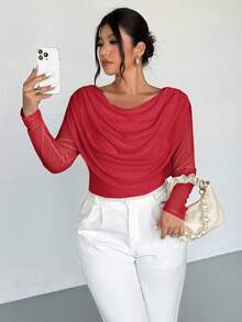 Firerie Plus Size Women Elegant Red Autumn Party Blouse, Plunging Neck Long Sleeve Mesh Sheer Fitted T-Shirt,Off Shoulder Boat Neck Draped Top For Wedding - Red - View 5