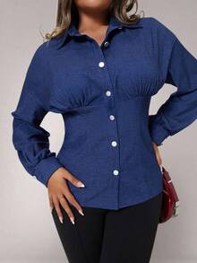 Xyvia 女式休闲水洗前扣收腰修身夹克 - 藍色 - 查看 7