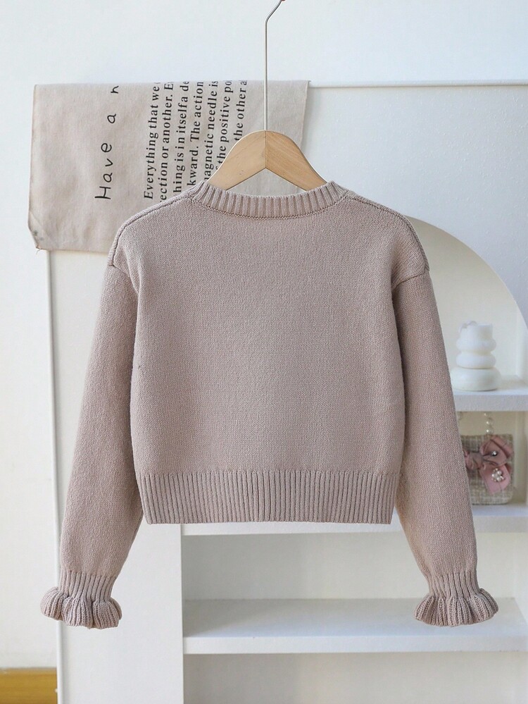 Sparklyn Tween Girl Y2K Sweet Bowknot Embellished Vintage Knit Sweater, Casual Versatile Back To School Winter Fall - Khaki - View 2