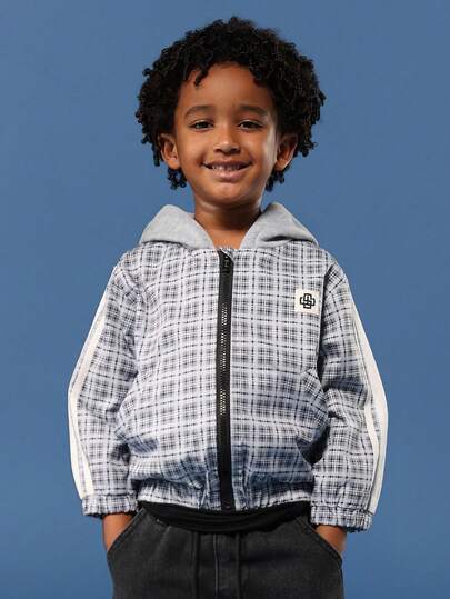 SUMWON Kids Check Pattern Bomber Jacket With Jersey Hood Casual Winter Zip Up Outerwear Streetwear Fashion Plaid Design Casual Daily Wear Fall