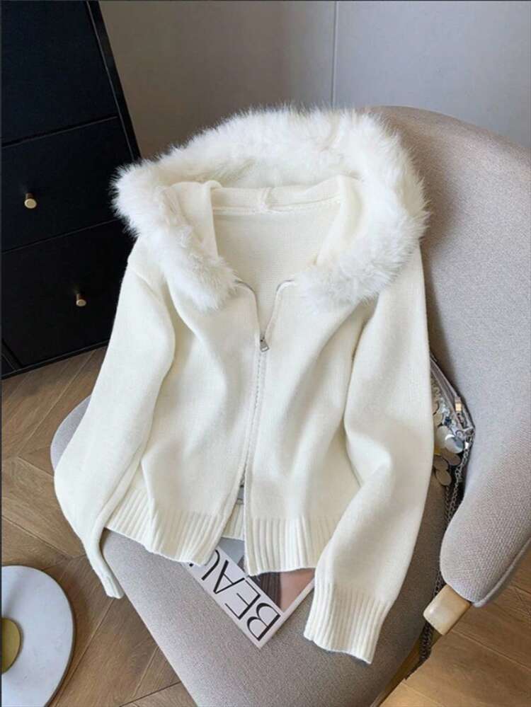GlowEve Cardigan zippé à capuche en peluche de couleur unie minimaliste pour femmes