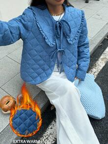 Siren Gaze 优雅别致的女士冬季夹克，女装秋季服装女装冬季服装女装，2025 新款牛仔蓝色彼得潘领系带长袖夹棉大衣，适合通勤、外出、派对、商务休闲、日常穿着，秋冬必备时尚单品，女士冬季夹克女士冬装 - 淺色水洗藍 - 查看 7