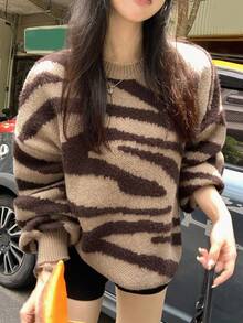 DAZY Suéter holgado con estampado de cebra para mujer, estilo casual de calle para otoño/invierno - Café integral - Ver 6