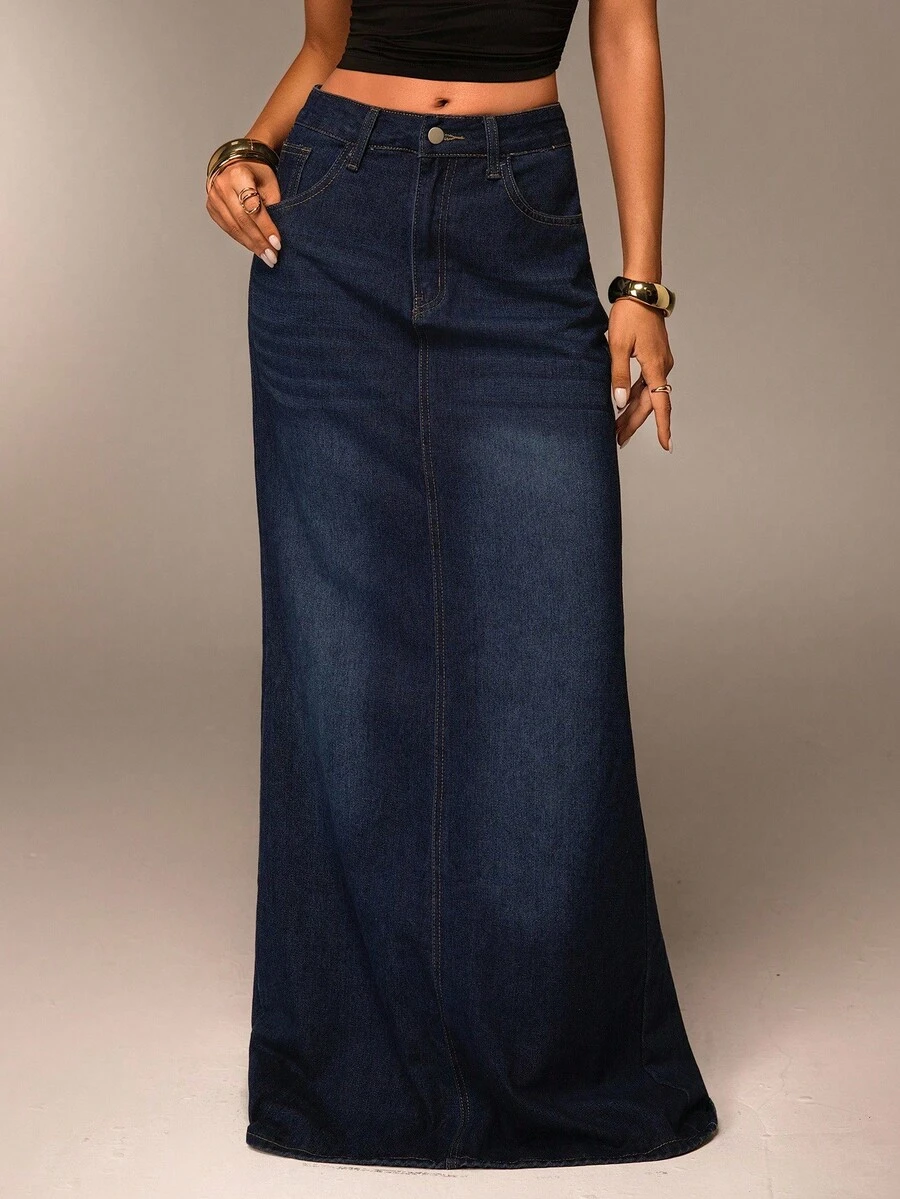 SHEIN Forever 21 Summer,Fall&Winter Women Blue Washed Loose/ High-Waist/ A-Line/Y2k/ Women Bottoms/Tall Women Jeans/Baggy Women Jeans/Straight Leg Jeans/Extra Long Maxi Denim Skirt Long Jean Skirt Women Denim Skirts - Navy Blue - View 1