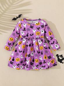 SHEIN Playful Pals Baby Girl Halloween Ghost & Pumpkin Print Cute Casual Comfortable Long Sleeve Holiday Outfit Fall Winter - Multicolor - View 3