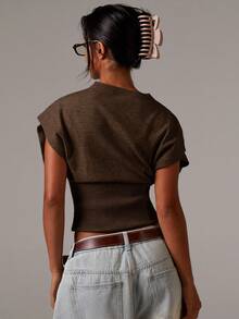 Athîral Women's Solid Color Single-Breasted Cropped Casual Knit Vest, Autumn,Fall,Brown Sweater - Brown - View 3