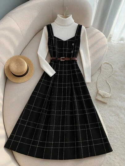 Franclia 格纹扣带连衣裙，女式套头连衣裙