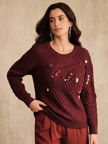 Anewsta Áo len dệt kim dáng rộng thanh lịch dành cho nữ, thêu dây thủ công và trang trí kim sa, cổ tròn, tay dài, màu đỏ rượu, thích hợp cho mùa thu, đông, năm mới, tiệc tùng, đám cưới, thanh lịch, sang trọng, sành điệu, giáng sinh, lễ hội, đi chơi - Màu Đỏ Sâu - Xem 4