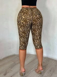 SHEIN SXY 大码豹纹撞色滚边修身七分裤 - 彩色 - 查看 2