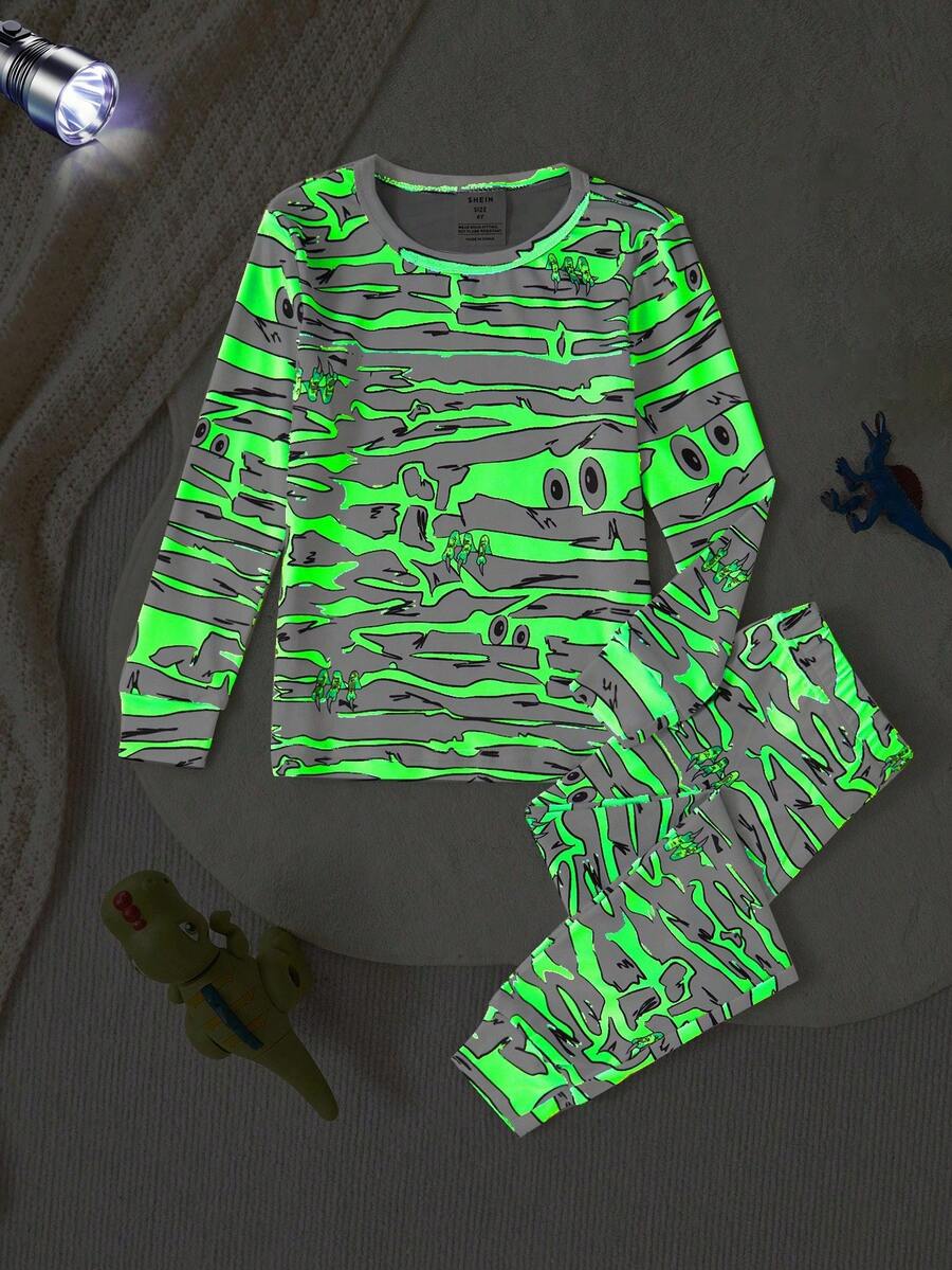 Young Boy Glow-In-The-Dark Halloween Mummy Element Pajama Set, Green Glow Effect, Stretchy Soft Fabric, Long Sleeve Top And Leggings Snug Fit Boys Glow In The Dark Pajamas Fall Winter - Green - View 1