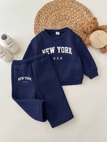 SHEIN 2 件套 Babygirl 宽松休闲字母印花长袖圆领运动衫和运动裤，适合户外和室内穿着 - 藏蓝色 - 查看 4