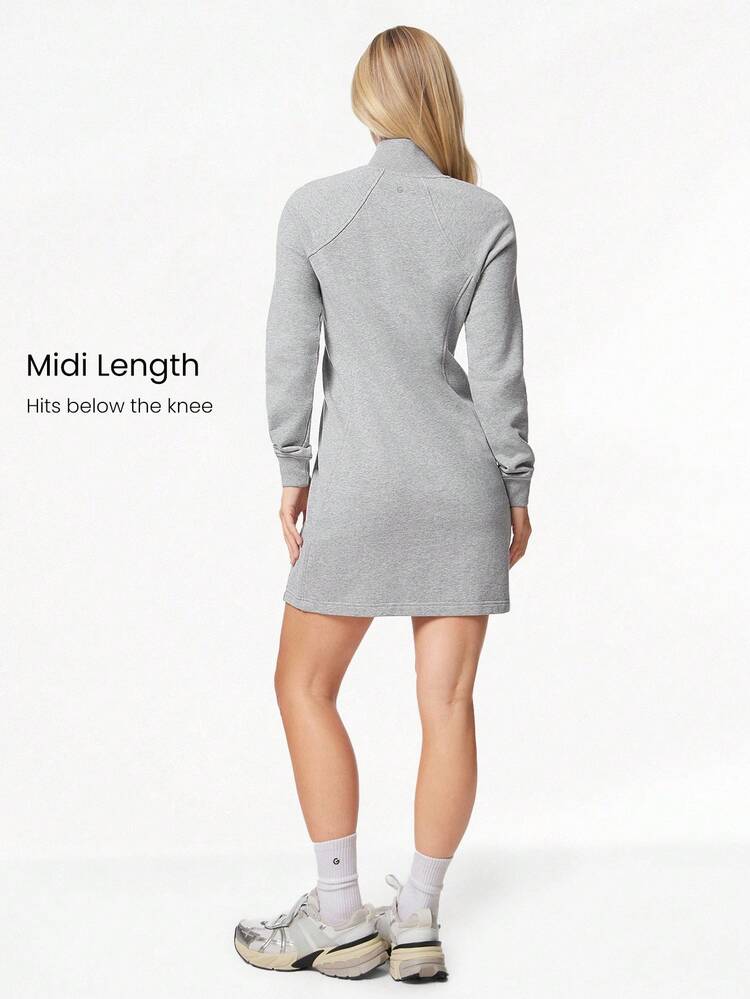 French Terry Midi Dress Side Pockets Zip Casual Daily