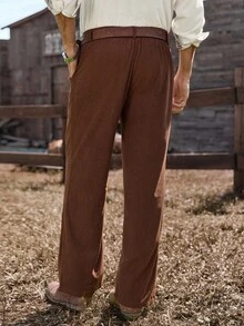 Manfinity Nomadique Men's Solid Color Pleated Straight Loose Casual Western Corduroy Wide Leg Pants, Outdoor Music Festival, Nightclub Bar, Boyfriend/Husband Gift, Anniversary Gift, Fall Winter - Brown - View 2