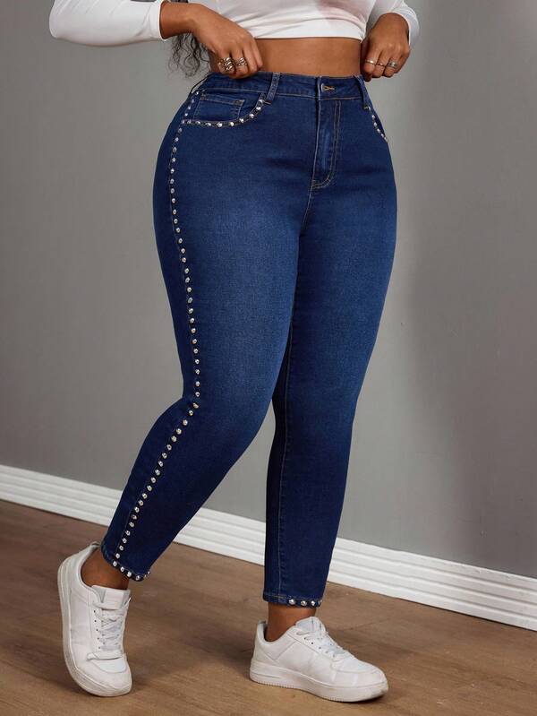 Slaydiva Spring Plus Size Women Cowgirl Style Elastic Waist Blue Punk Jeans With Side Rivet Details, Spring