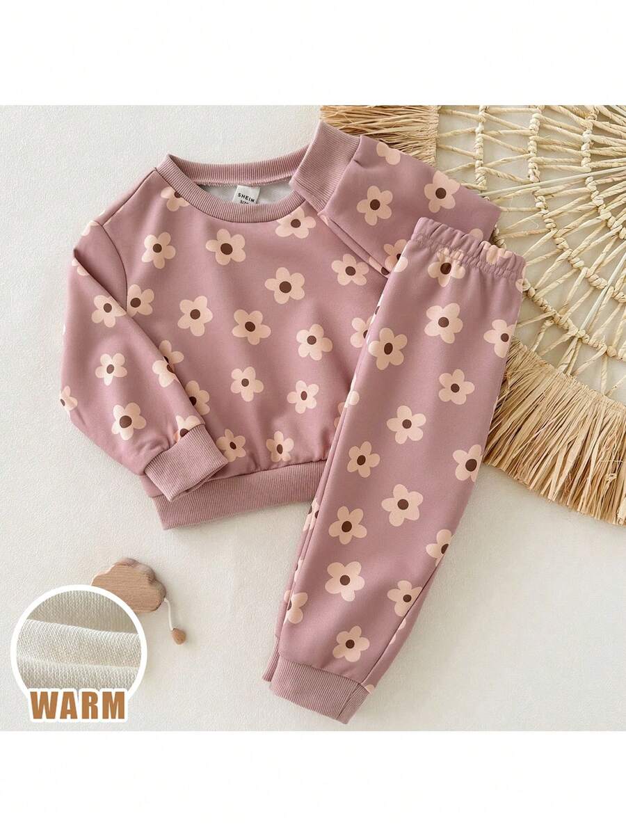 Loomiva 2pcs Baby Girl Floral Print Knit Soft Crew Neck Long Sleeve Sweatshirt And Elastic Waist Pants Set Flower Two Piece Set Toddler Baby Flower Outfit Fall Winter - Pink - View 1
