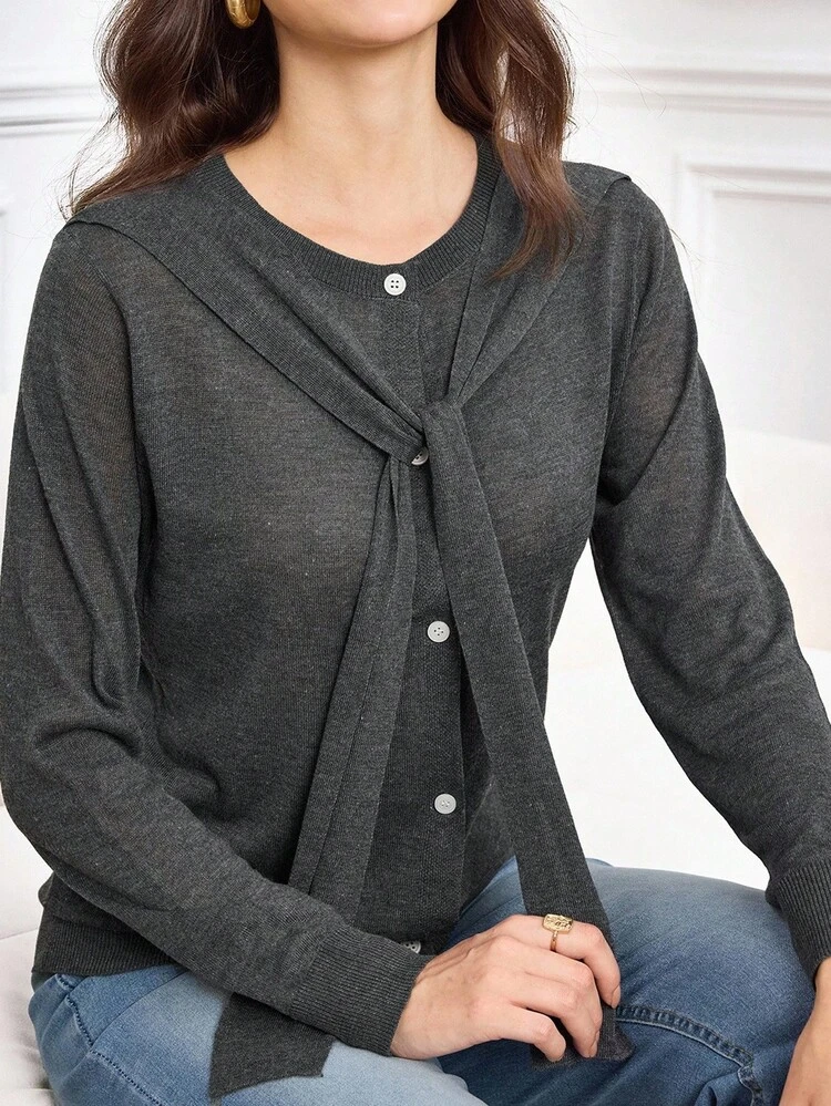 Cardigan casual da donna con colletto a cravatta, grigio scuro