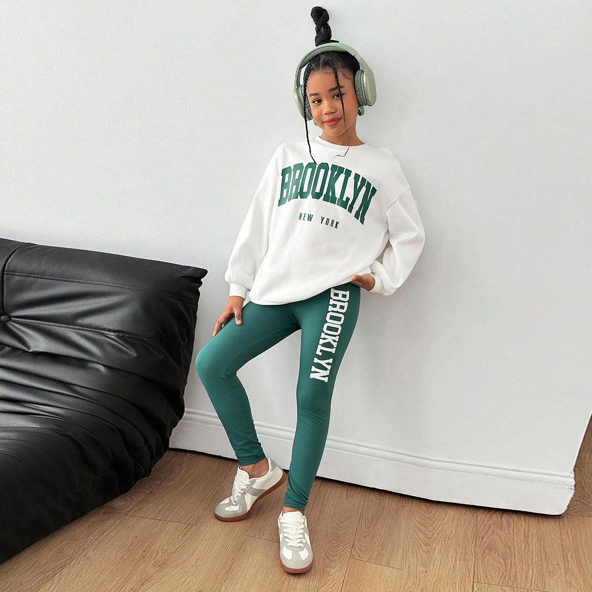 Set de 2 piezas de sudadera con capucha de punto con estampado de letras + leggings de punto para niñas preadolescentes, moda casual versátil para u