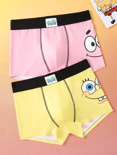 SpongeBob SquarePants | SHEIN 2pcs Men's Yellow & Pink Comfortable Breathable Cartoon Pattern Boxer Briefs,Casual Shorts,Basic Casual Boxer Brief, Men Boxers Pack, Cartoon Underwear