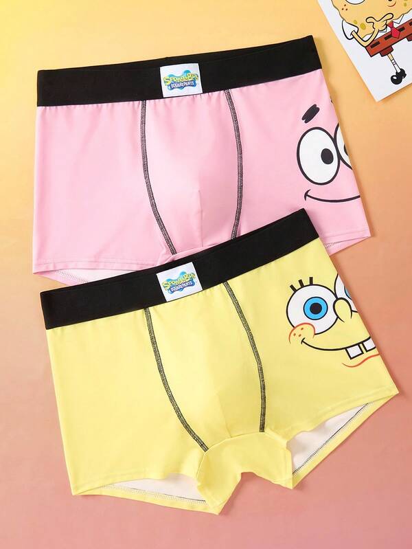 SpongeBob SquarePants | SHEIN 2 pezzi di boxer uomo comodi e traspiranti con motivo a cartone animato