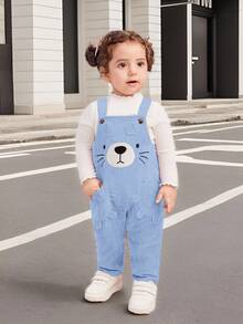 SHEIN Newborn Baby Girl Cute Versatile Corduroy Cartoon Pattern Bib Jumpsuit, Autumn/Winter Fall - Blue - View 3