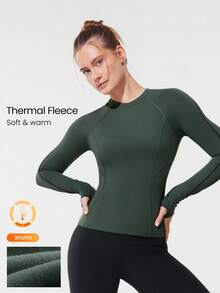 GLOWMODE Fleece Slim Fit Warm Hip Length Long-Sleeve Top With Thumbholes Running Jogging Hiking Gym Training Daily Active Wear - Green - View 1