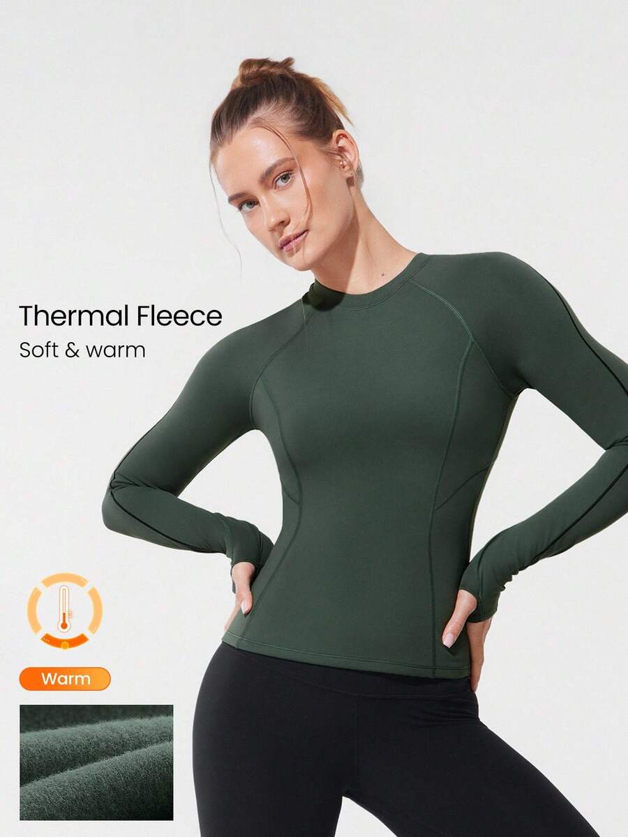GLOWMODE Fleece Slim Fit Warm Hip Length Long-Sleeve Top With Thumbholes Running Jogging Hiking Gym Training Daily Active Wear - Green - View 1