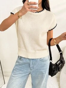 SHEIN PETITE Women's Contrasting Color Trim Round Neck Short Sleeve Casual Versatile Knitted Top Fall Tops,Knitted Sweater - Apricot - View 4