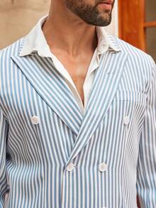 HIMLAND 男士意式蓝白竖条纹双排扣西装外套，亚麻混纺尖头翻领，夏季轻盈透气休闲时尚，男士休闲条纹双排扣西装外套，适合通勤、聚会和日常穿着，男士条纹西装外套，男士双排扣西装外套，蓝白条纹休闲西装外套，男士亚麻西装外套，夏季轻盈男士西装外套，意式西装外套，男士度假风西装外套，尖头翻领双排扣西装外套，复古风，适合秋冬 - 藍白色 - 查看 5