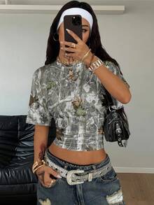 Coolane Camiseta curta feminina casual com estampa camuflada, verão - Multicolorido - Ver 3