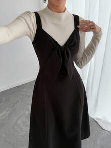 DAZY 女士V领丝绒吊带连衣裙，优雅长款连衣裙 - 黑色 - 查看 5