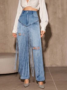 Anewsta Nuevos jeans rectos azules con flecos y pedrería de moda para el Día de San Valentín para mujer - Azul - Ver 6