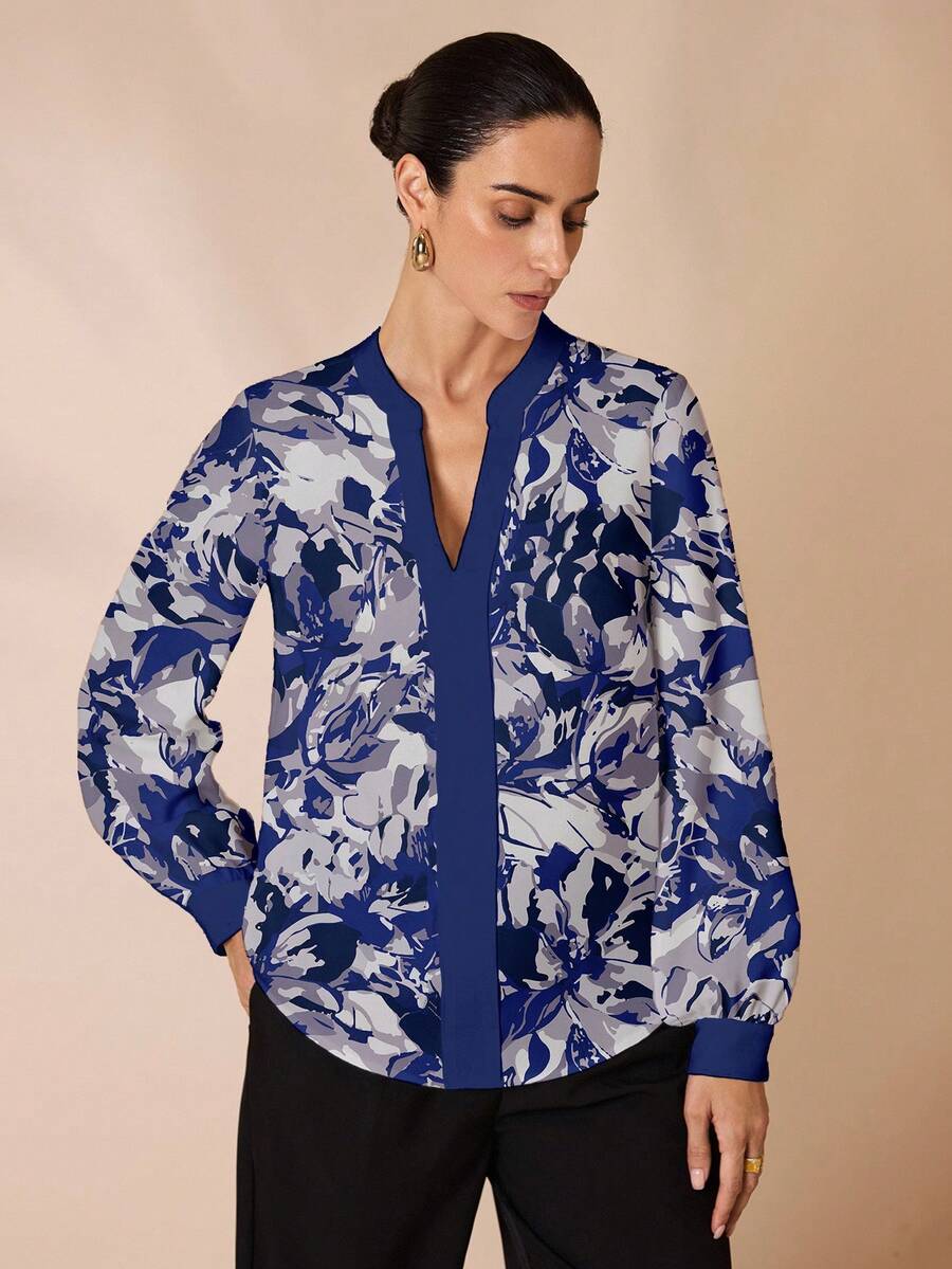 Shutterstock Glamance 女士V领插肩袖印花休闲百搭衬衫,秋季外出优雅时尚服饰系列 - 彩色 - 查看 1