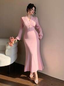DAZY Robe pull élégante à encolure en V et taille cintrée pour femmes - Rose bonbon - Voir 6