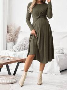 SHEIN 孕妇和哺乳期纯色圆领落肩长袖扭结休闲中长连衣裙