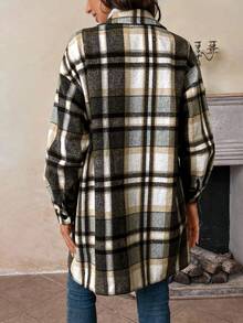 SHEIN LUNE Women's Casual Long Sleeve Plaid Shirt-Style Coat Flannel Jacket Women Plaid Shirt Jacket Women Fall Jackets Women Women Plaid Shirts Plaid Shacket Flannels For Women Plaid Button Up Plaid Shirt Women Fall Women Clothes Women Plaid Coat - Black - View 6