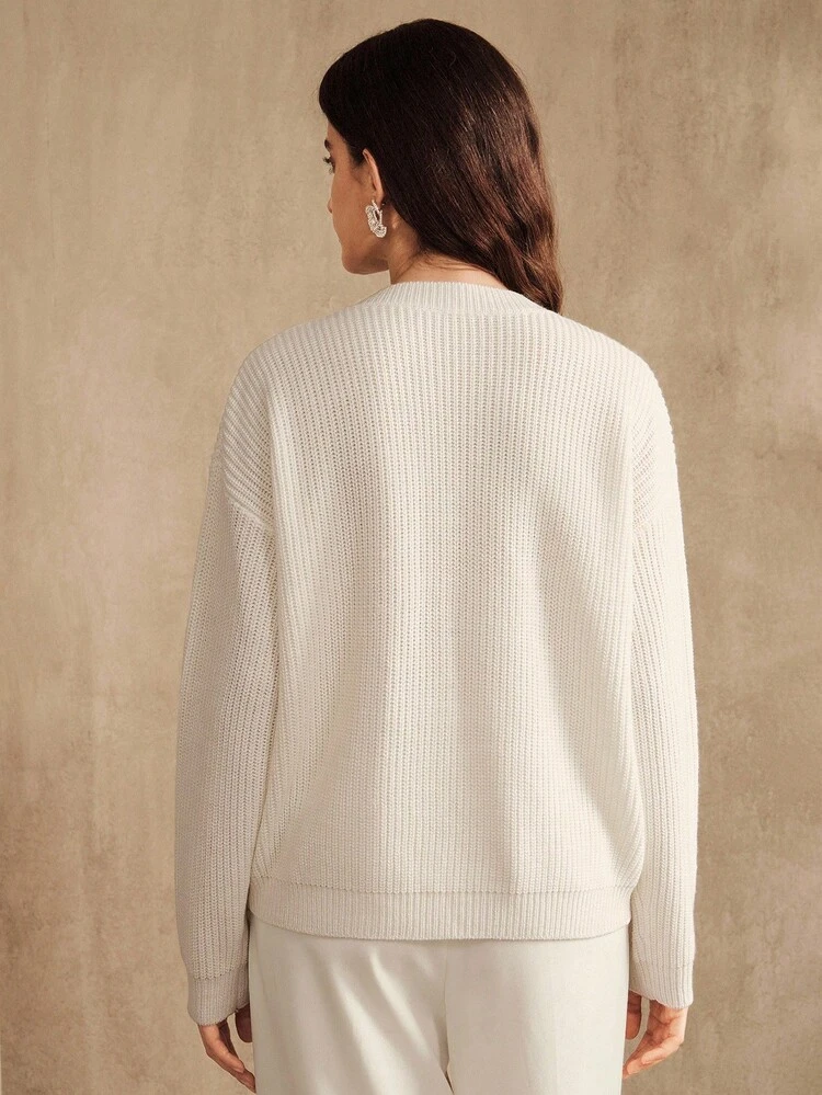 Women's Autumn/Winter Sweater, Christmas & Halloween Lazy Intellectual Luxurious Heavy Embroidered Sequin White Crew Neck Long Sleeve Pullover