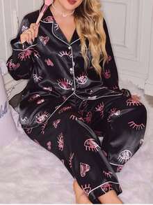 SHEIN Conjunto de pijama de manga larga con estampado de ojos y pantalón largo de talla grande, estilo casual y de moda, color negro, ropa de otoño - Negro - Ver 4