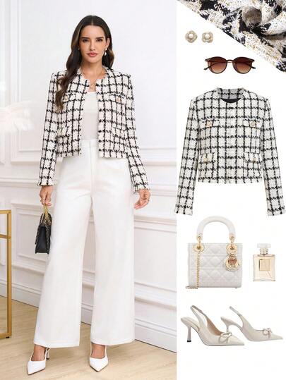 Gownix Abrigo elegante de mujer con bolsillo y patrón de cuadros, para salir, Día Nacional de Arabia Saudita, Navidad, ropa de otoño para chaqueta de invierno de mujer