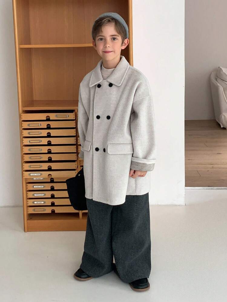 Tween Boy Solid Color Drop Shoulder Long Sleeve Double-Breasted Casual Jacket, Autumn/Winter
