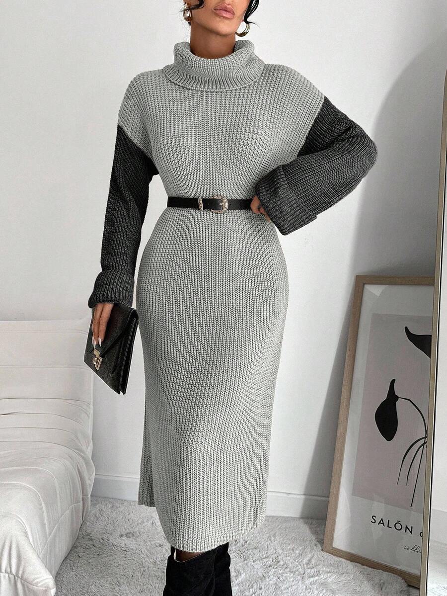 EURMUSE Color Block Casual Loose Long Sleeve High Neck Women Sweater Dress - Grey - View 1