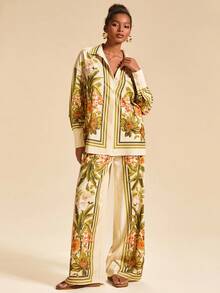 Travachic Bộ 2 món áo sơ mi dài tay họa tiết nhiệt đới và quần dài, trang phục thu đông, bộ đồ hai mảnh, đồ đi biển nữ, đồ mặc đi nghỉ, trang phục đi biển cho nữ - Màu vàng - Xem 4