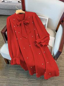 GlowEve CURVE Đầm dài tay đính hạt ngọc trai cổ nơ cỡ lớn, viền bèo nhún thanh lịch cho trang phục năm mới - Đỏ - Xem 6