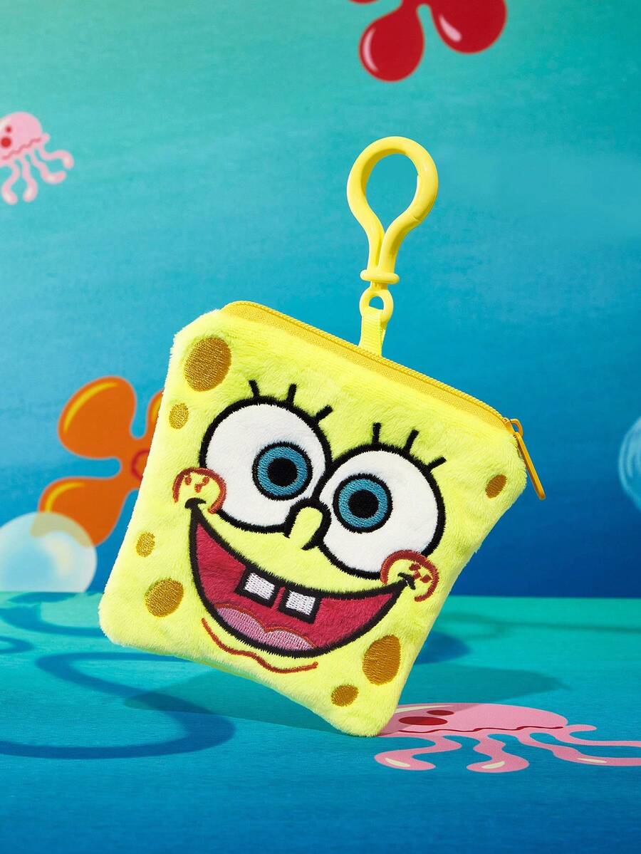 SpongeBob SquarePants | SHEIN 1 chiếc ví đựng tiền xu thêu họa tiết hoạt hình bằng vải nhung, có thể đựng tiền xu, thẻ, v.v. Túi treo - Màu vàng - Xem 1
