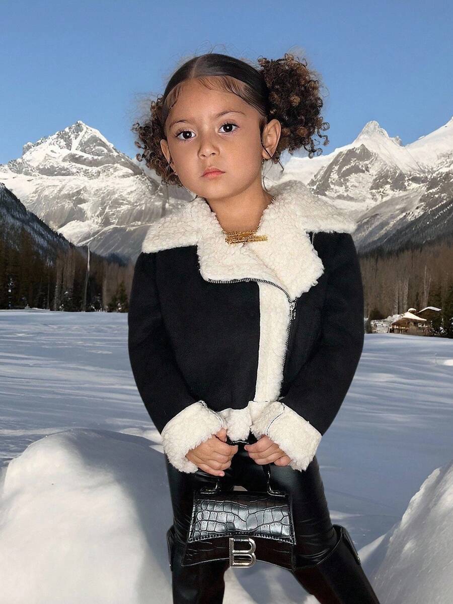 SHEIN Young Girl Black Polyester Teddy Coat Short Length Zipper Front Long Sleeve Everyday Casual Autumn Winter Clothes For Girl - Black - View 1