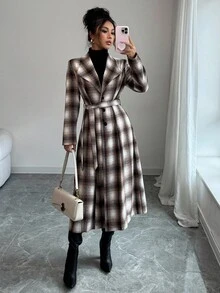 Elenzga 优雅通勤时尚百搭格子粗花呢面料，大翻领束腰单排扣长款女式大衣 - 棕色 - 查看 5