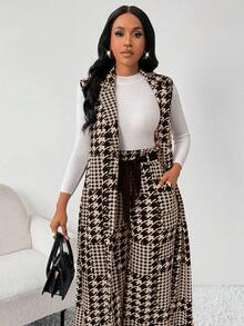 SHEIN Lady Conjunto de traje de mujer de talla grande con chaqueta larga y pantalones de pierna ancha con estampado de pata de gallo - Caqui - Ver 6