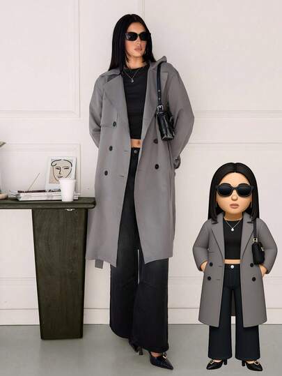 SHEIN Tall 女士纯色抗皱梭织风衣中长款适合秋冬灰色风衣女风衣灰色外套中长款灰色大衣灰色外套